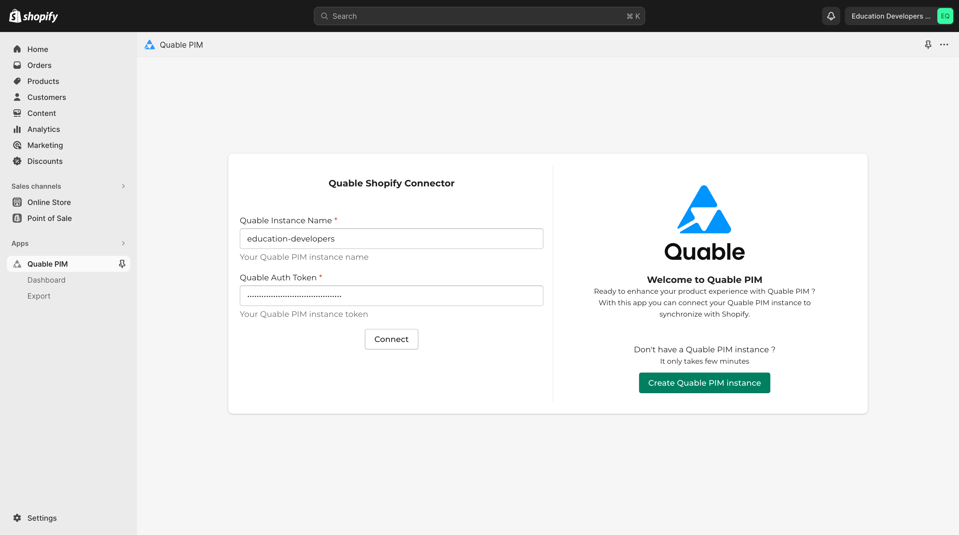 Quable PIM with Shopify - Instance URL